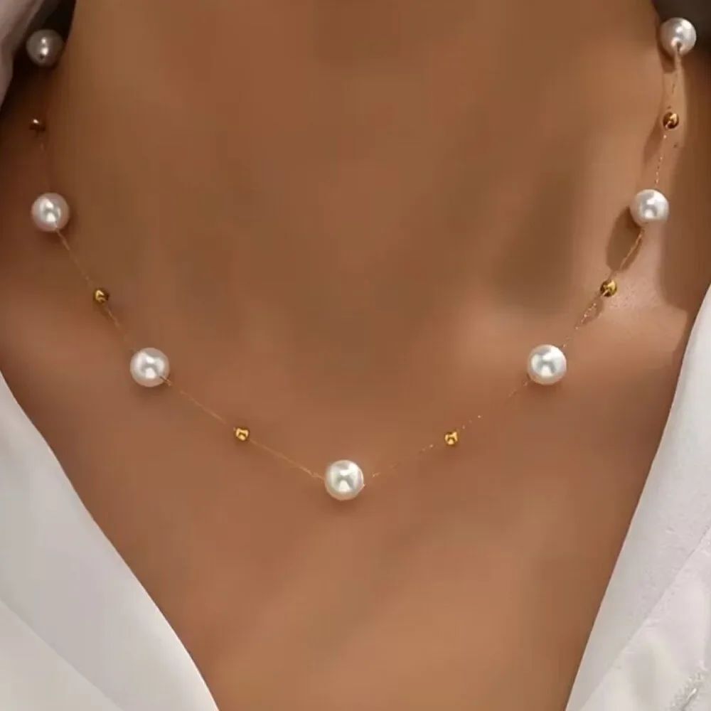 Pearl Collarbone Necklace Paired with Delicate Golden Beads on Gold Plated Chain